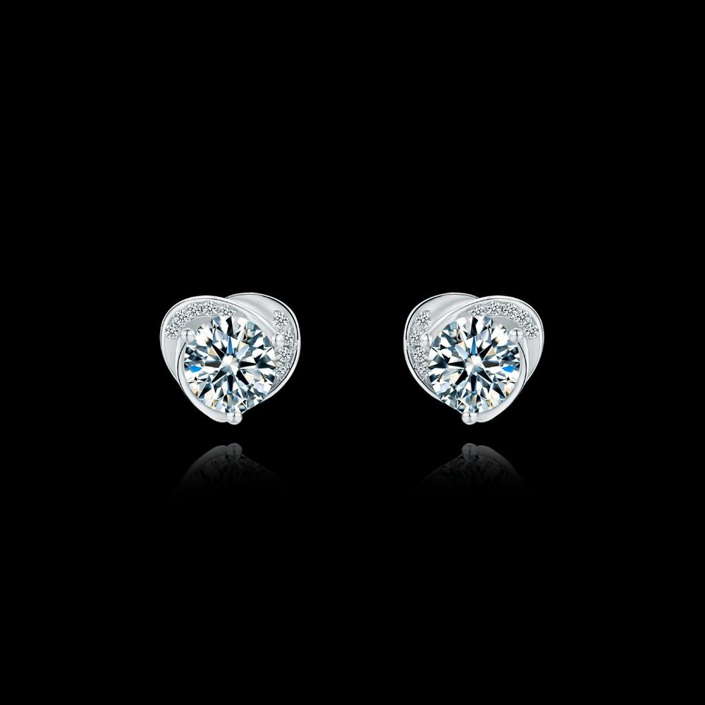 Heart Earrings in Sterling Silver White Gold Plated with a Moissanite Diamonds